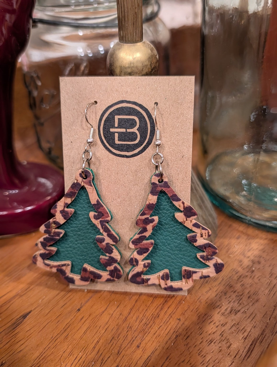Leopard Print & Forest Green Christmas Tree Leather Earrings