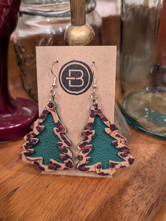 Leopard Print & Forest Green Christmas Tree Leather Earrings