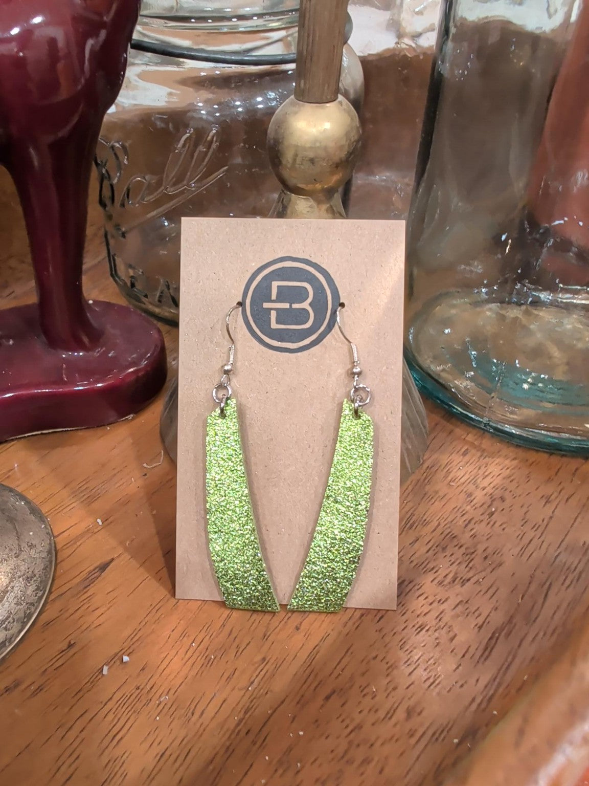 Lime Green Glitter Leather Bar Earrings