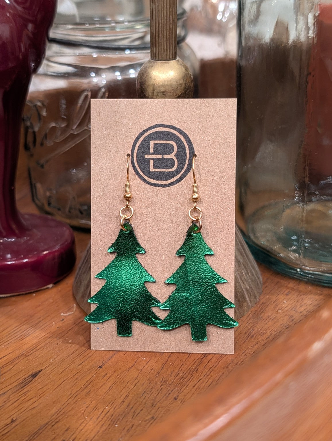 Metallic Emerald Green Christmas Tree Leather Earrings