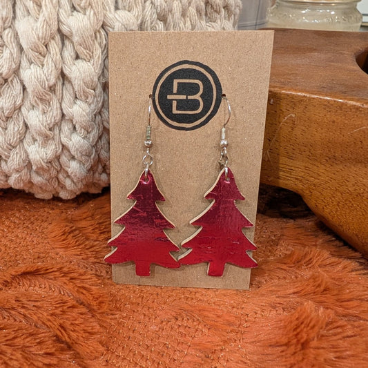 metallic red christmas tree earrings on branded display card