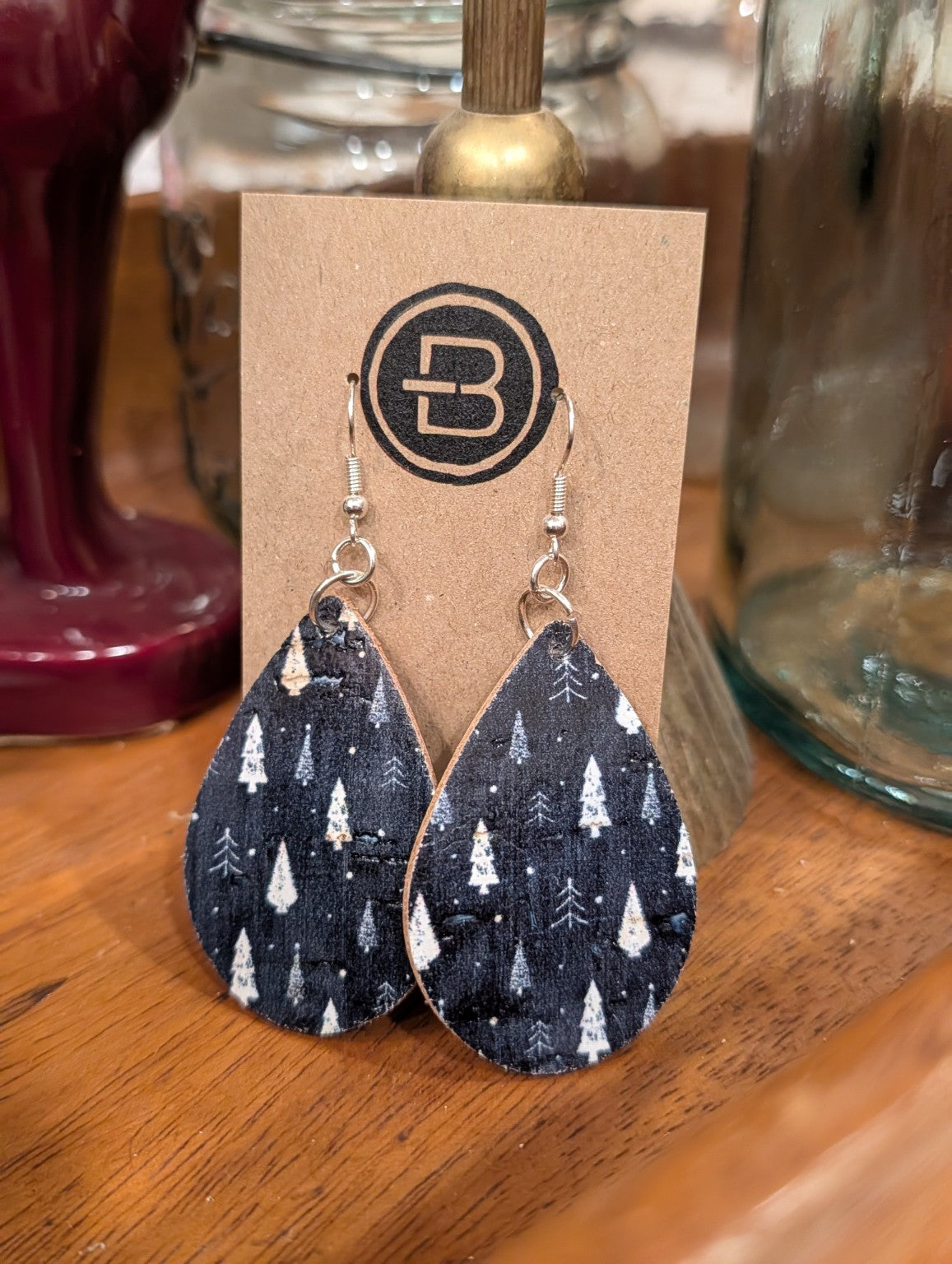 Midnight Forest Christmas Teardrop Leather Earrings