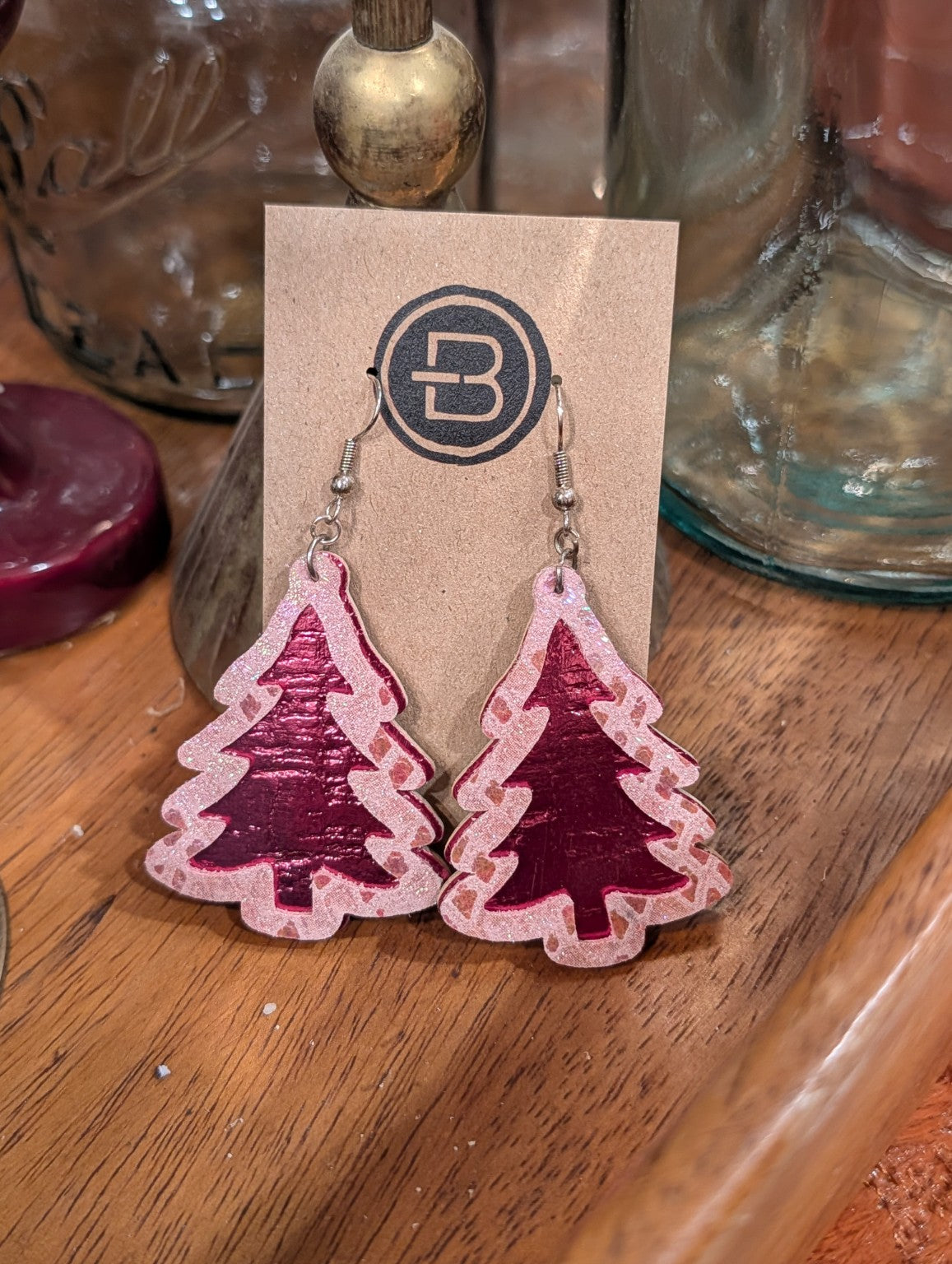 Pink and Burgundy Christmas Tree Leather Earrings