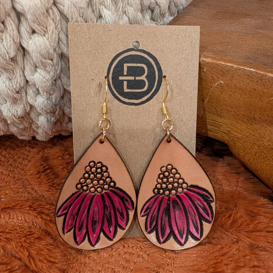 pink coneflower earrings on branded display card