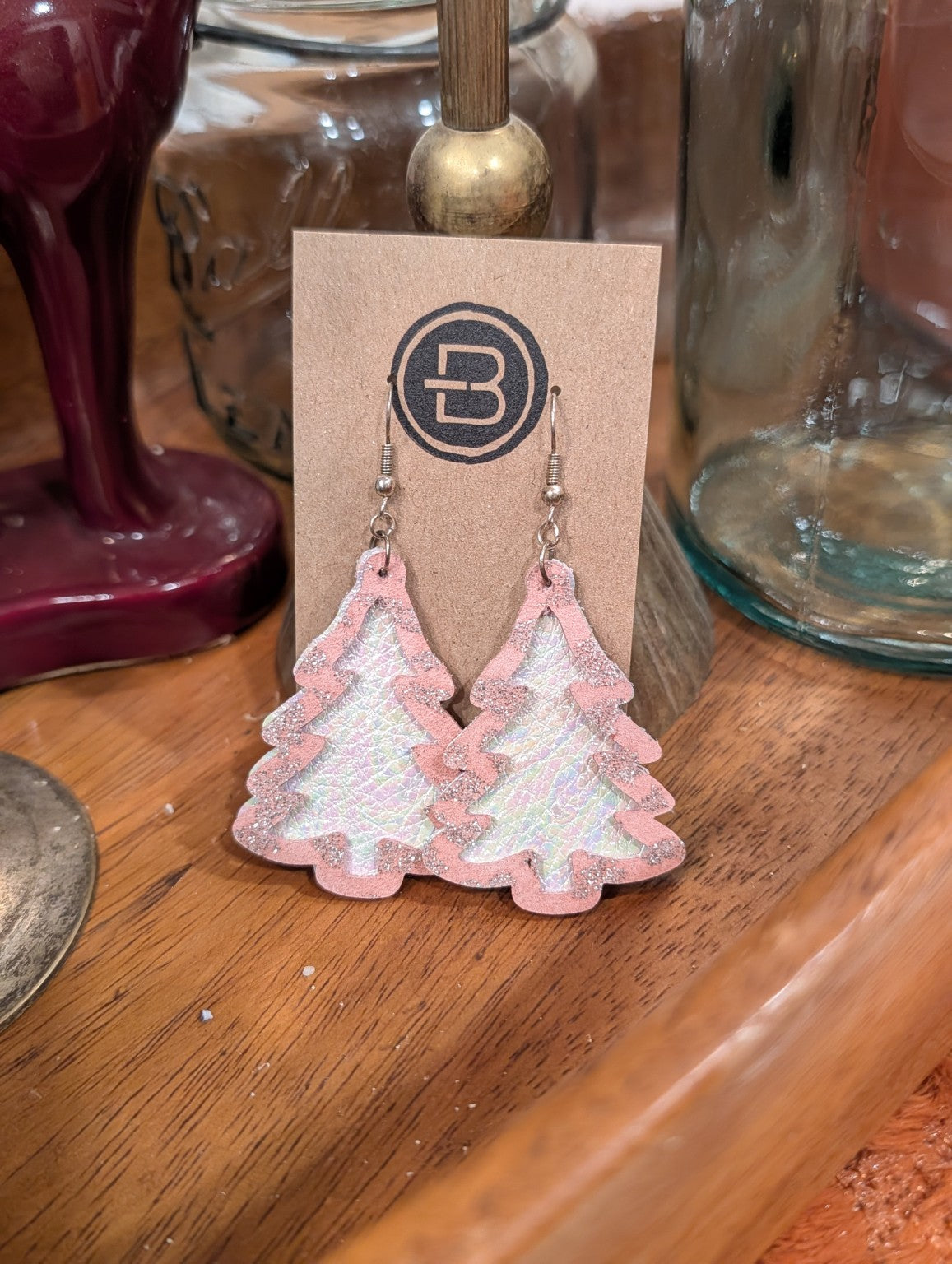 Pink Iridescent Christmas Tree Leather Earrings