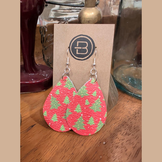 Red Christmas tree print teardrop earrings