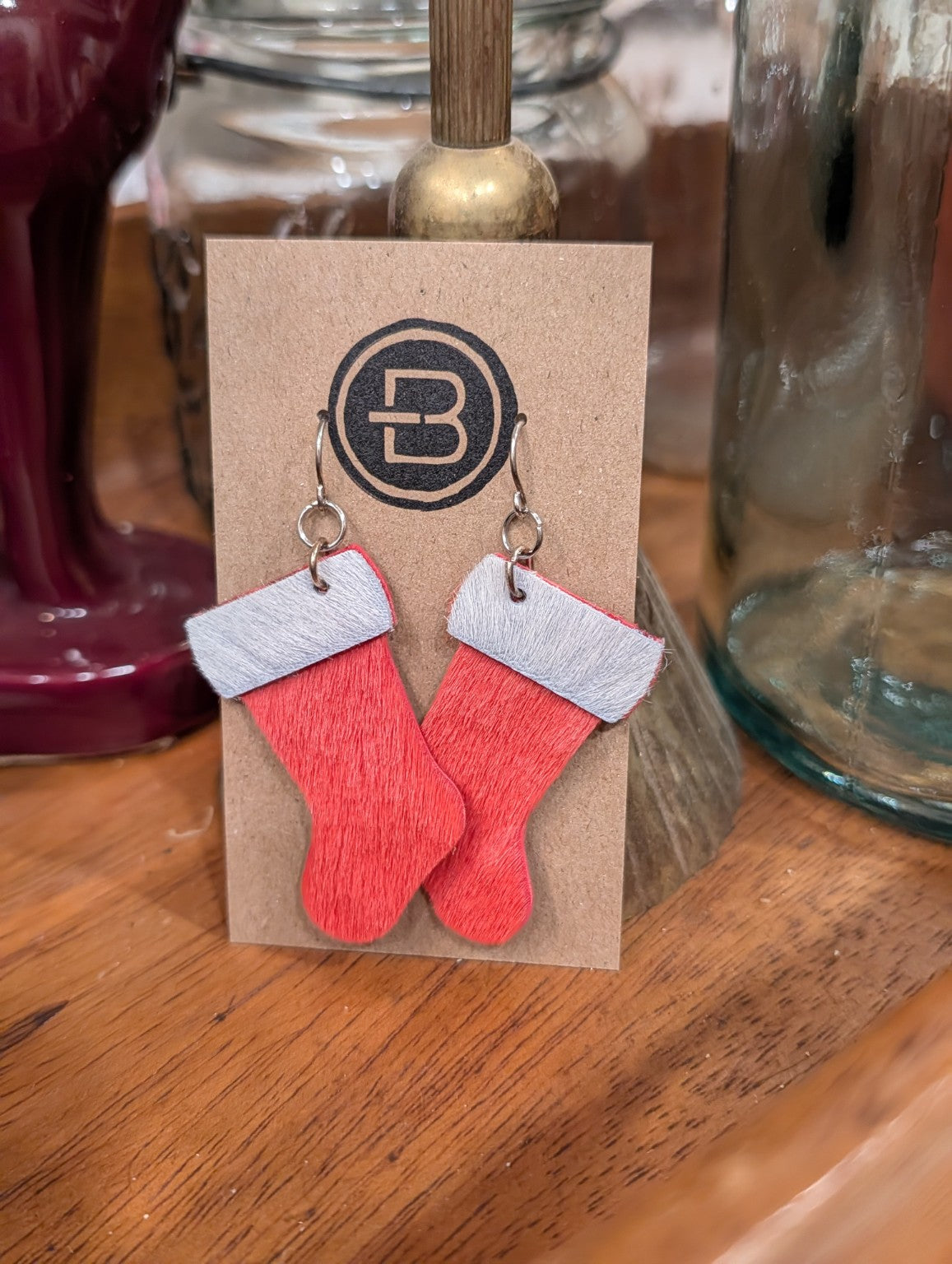 Red Christmas Stocking Leather Earrings