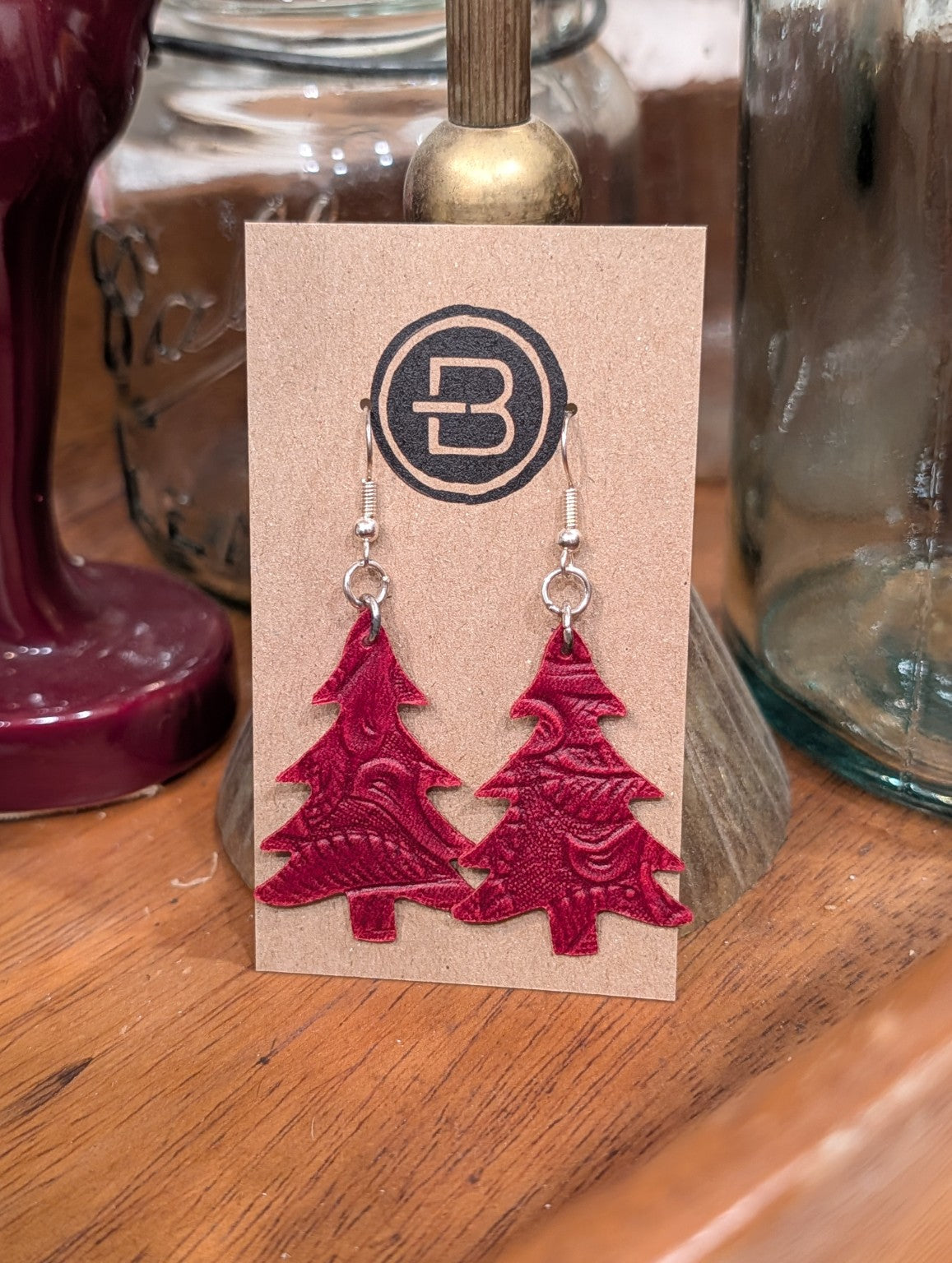 Red Textured Christmas Tree Leather Earrings