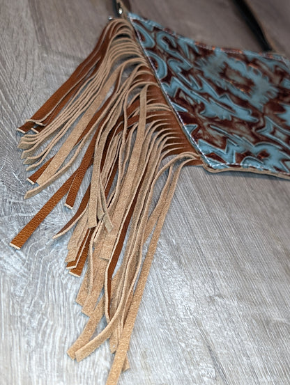 Brown and Turquoise Embossed Crossbody purse with fringe
