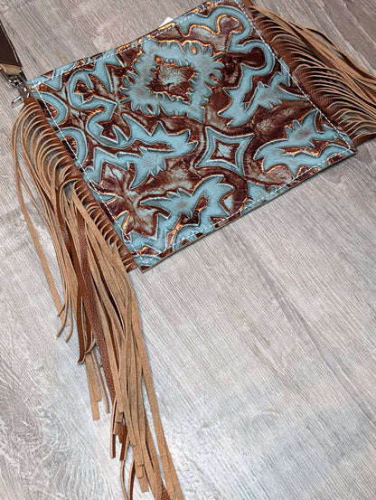 Brown and Turquoise Embossed Crossbody purse with fringe