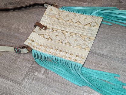 Cream and Gold Embossed Crossbody purse with Turquoise Fringe