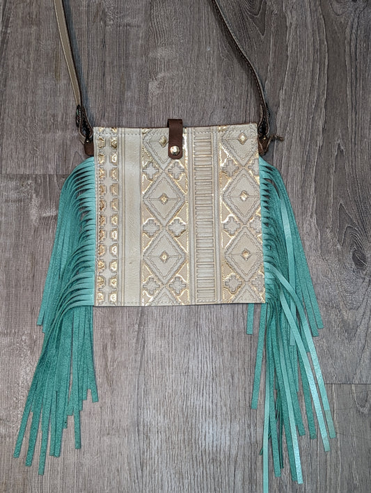 Cream and Gold Embossed Crossbody purse with Turquoise Fringe