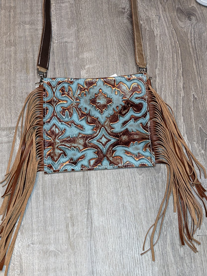 Brown and Turquoise Embossed Crossbody purse with fringe