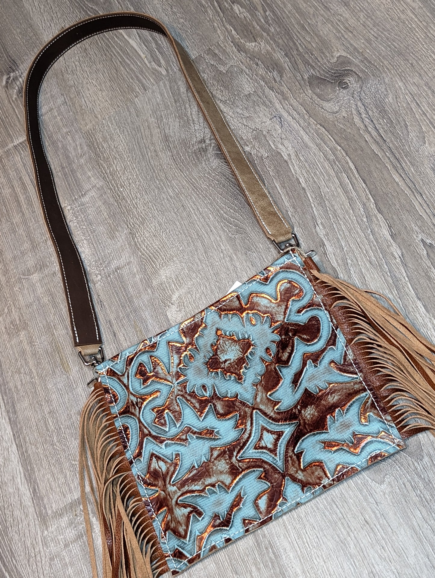 Brown and Turquoise Embossed Crossbody purse with fringe