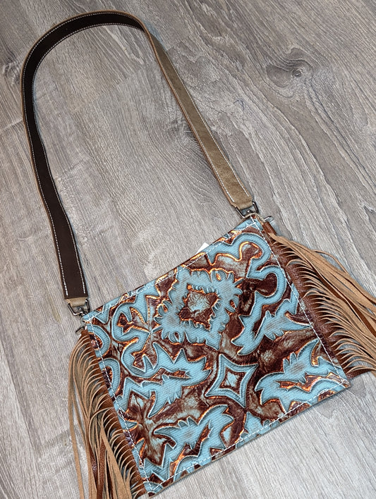 Brown and Turquoise Embossed Crossbody purse with fringe