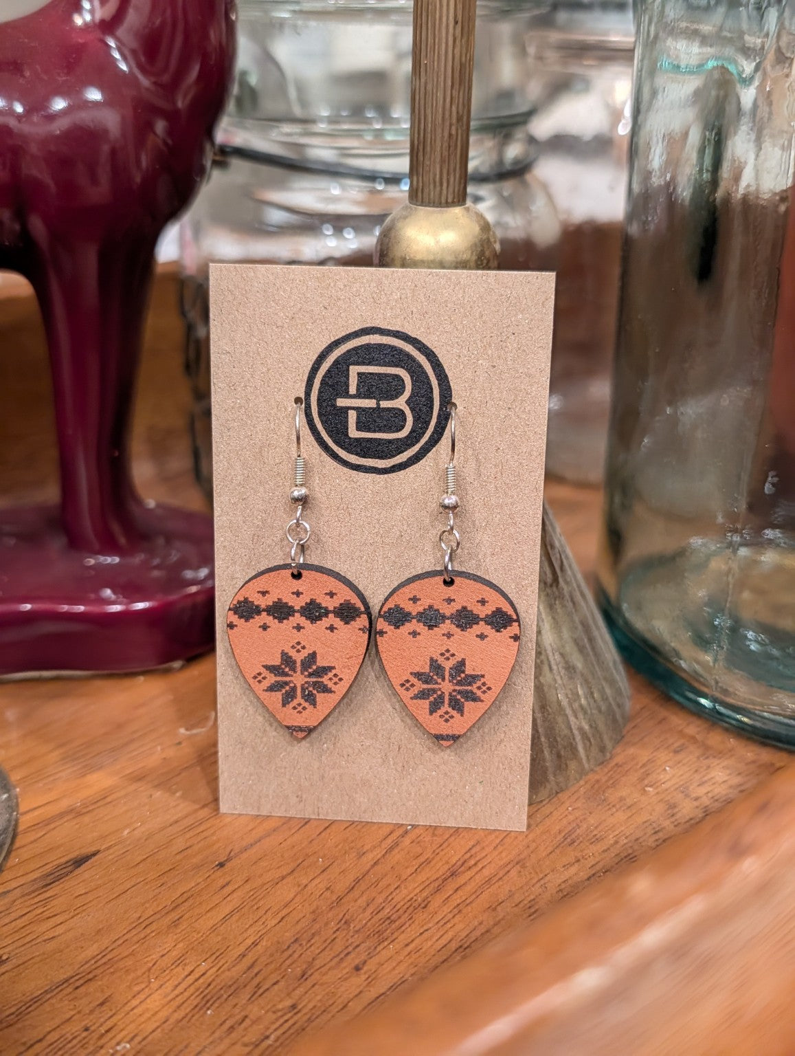Rust Snowflake Christmas Ornament Leather Earrings