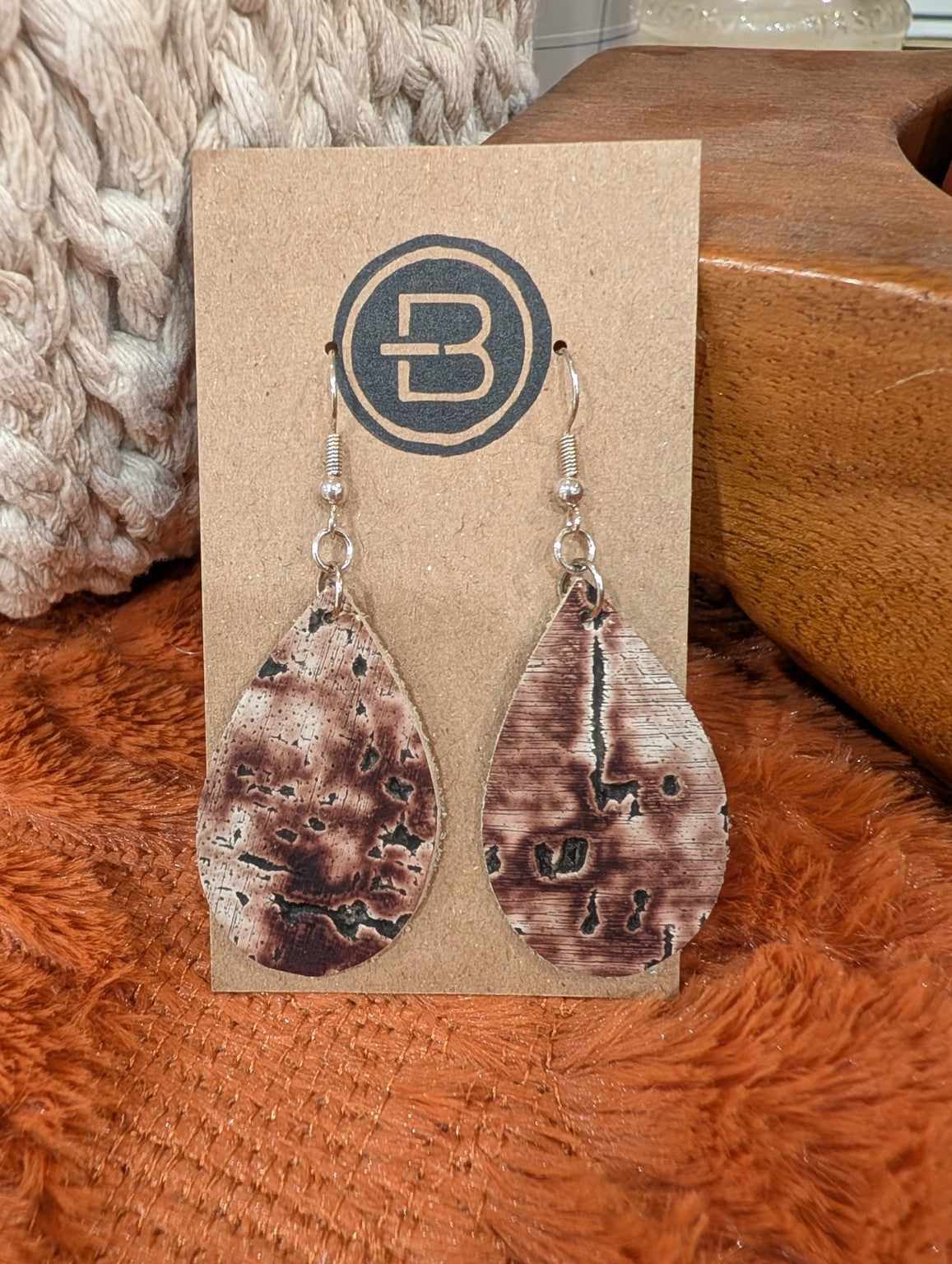 Rustic brown and cream patterned cork teardrop earrings