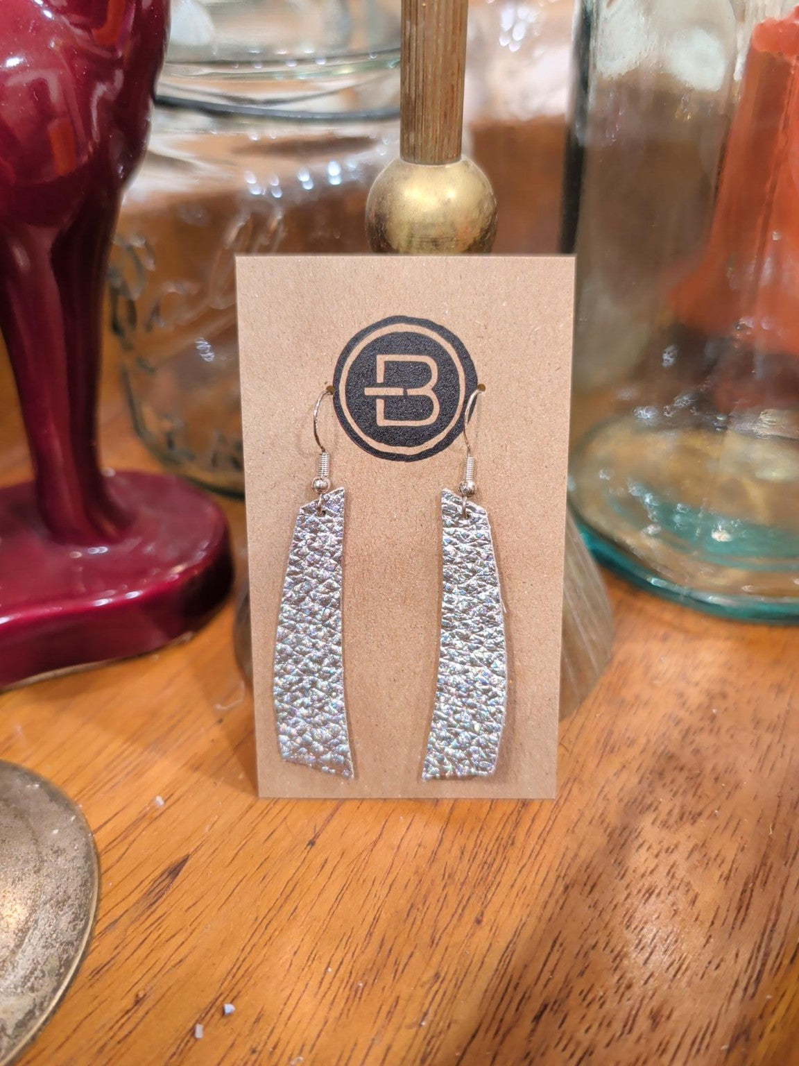 Silver Metallic Leather Bar Earrings