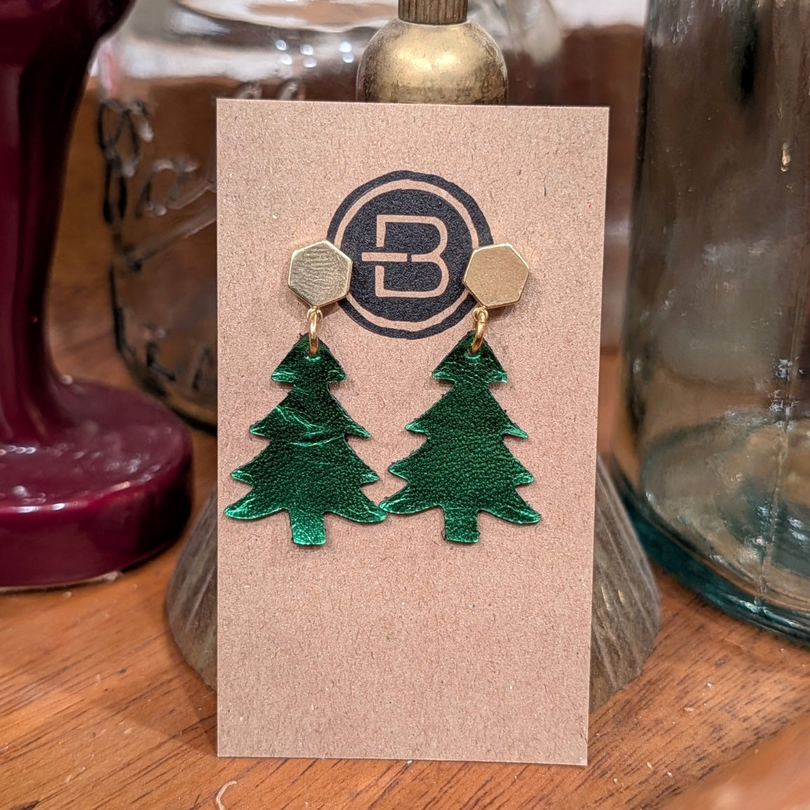 Mini Metallic Green Christmas Tree Earrings