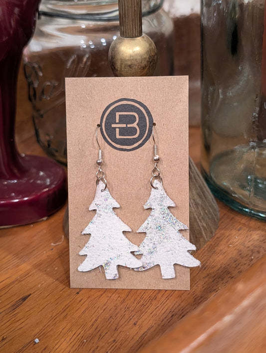 White Glitter Christmas Tree Leather Earrings