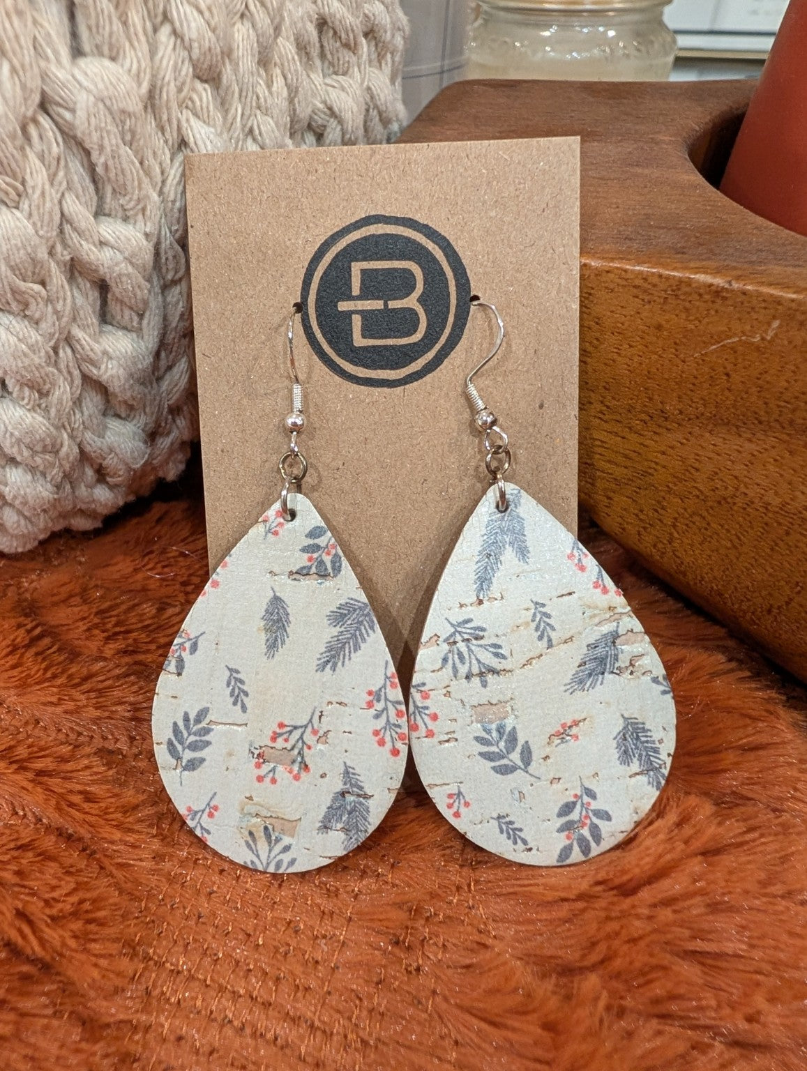 Pale blue winter botanical and red berry teardrop earrings