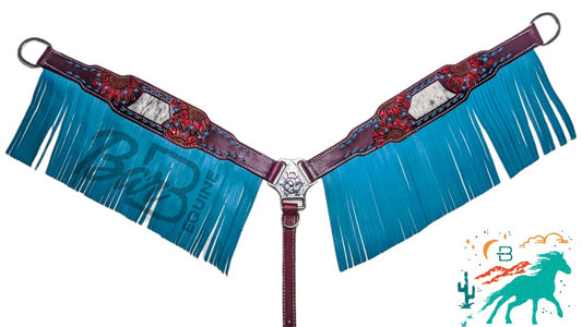 Maroon & Turquoise Breast Collar with Fringe