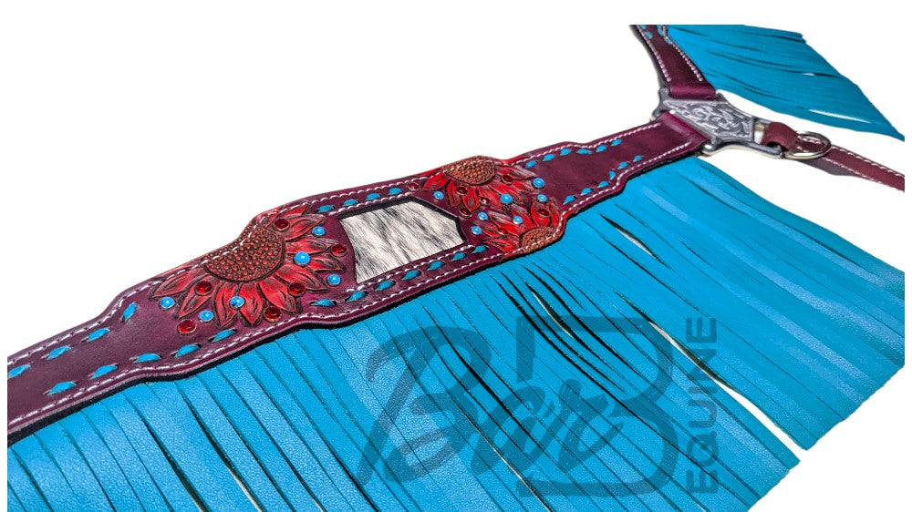 Maroon & Turquoise Breast Collar with Fringe