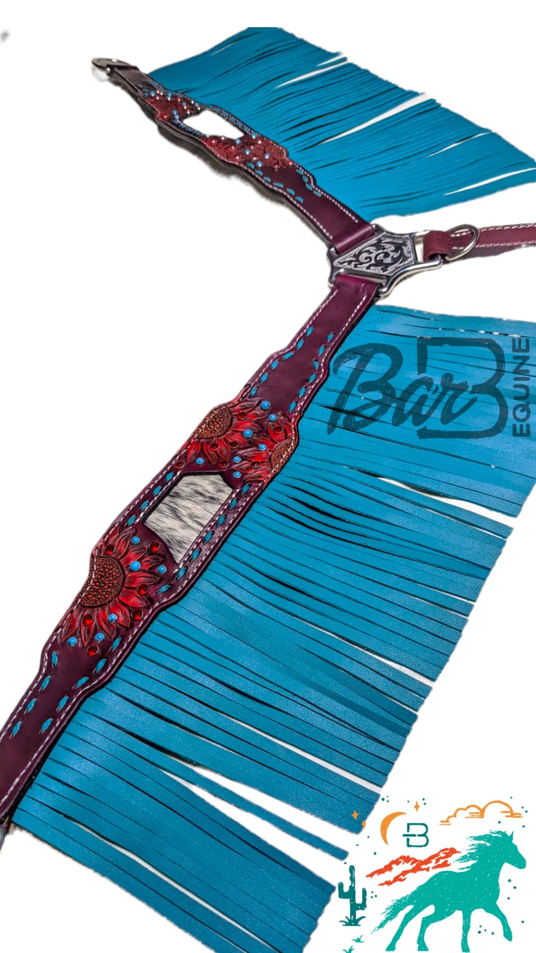 Maroon & Turquoise Breast Collar with Fringe