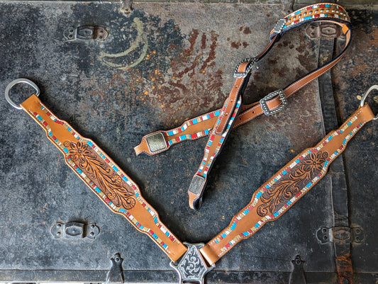Tooled Red, Turquoise, Gold, & White Tack Set