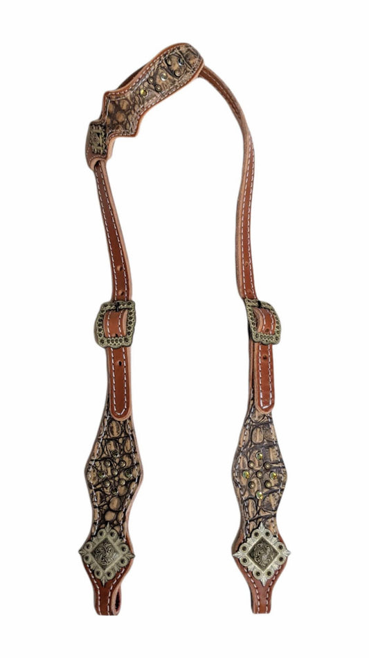 Black & Gold Embossed Gator One-Ear Headstall